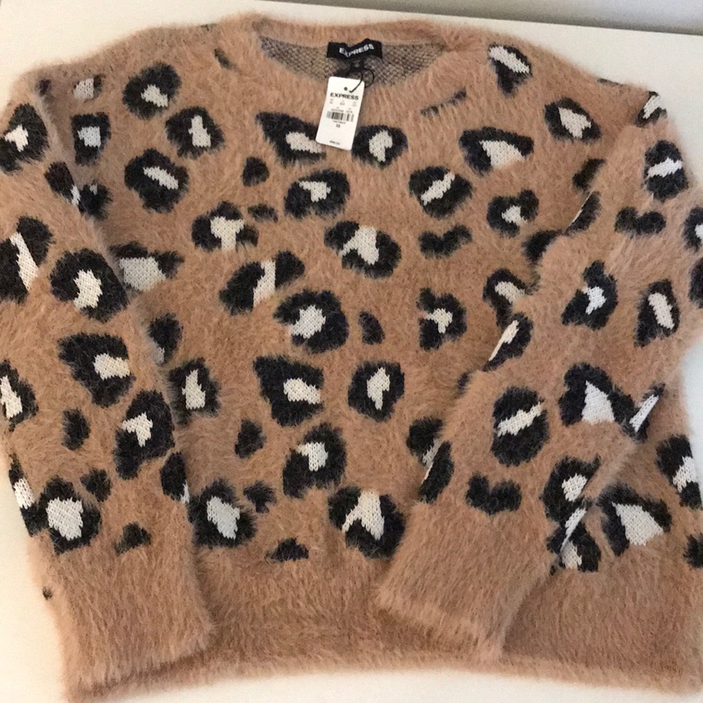 Express pullover leopard fuzzy sweater
